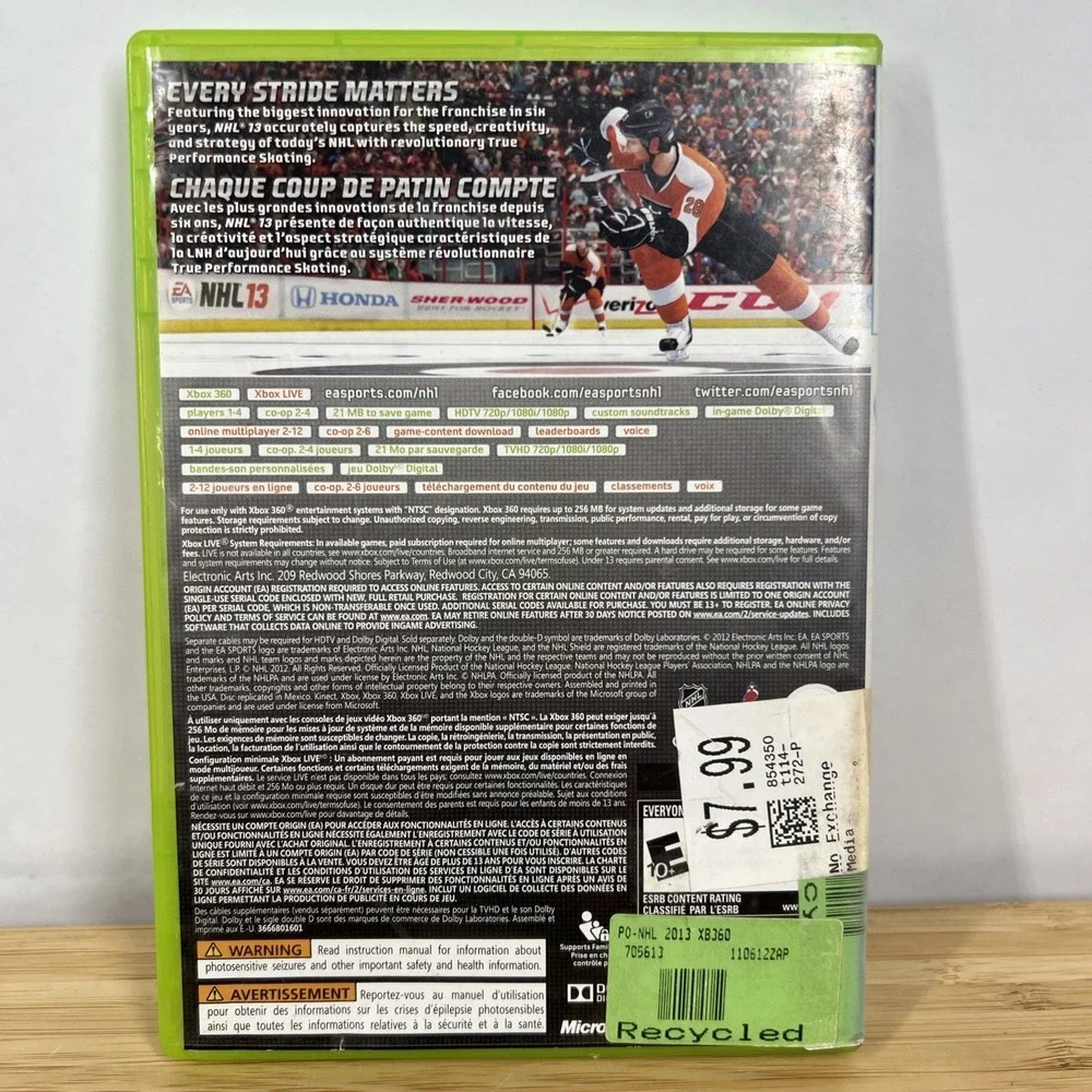 NHL 13 (Microsoft Xbox 360, 2012) Disc & Case No Manual